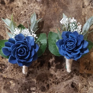 Navy Blue Dahlia Corsage and Boutonniere with Greenery,  Groomsmen Accessories, Men&#39;s Wedding Boutonniere or Mother of the Bride Corsages