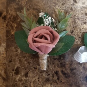 Dusty Rose Boutonniere and Corsage with Greenery,  Men&#39;s Wedding Boutonniere or Prom Corsage and Buttonhole