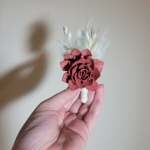 Terracotta Wedding Boutonniere for Boho theme Wedding, Groomsmen Accessories and Groom Bootineer with white pampas and dried stems