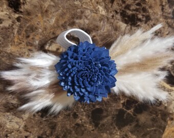 Navy Blue Bali Wood Flower Corsage with pampas, Corsage for Boho Wedding and Mother of the Bride