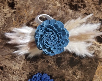 Dusty Blue Bali Wood Flower Corsage with pampas, Corsage for Boho Wedding and Mother of the Bride