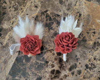 Terracotta Pampas and Dried leaves Wood Flowers Boutineer, Groomsman or Groom Boutonniere for a Boho Wedding