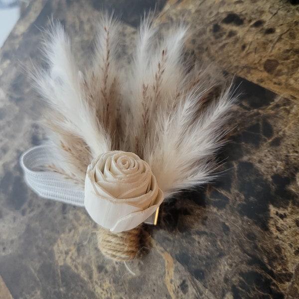 Pampas White Wood Flower Corsage, Boho Wedding, Wedding Corsage and Boutonniere Set