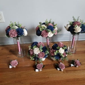 Dusty Rose and Navy Blue with Greenery Bridal Wedding Bouquet, Bridesmaid Bouquet and Reception Flower Toss, Round Sola Wood Bride Bouquet