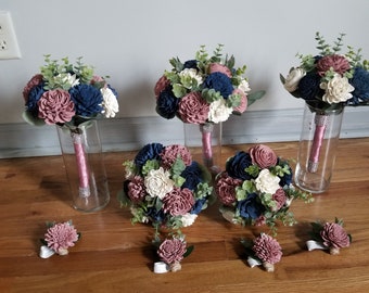 Dusty Rose and Navy Blue with Greenery Bridal Wedding Bouquet, Bridesmaid Bouquet and Reception Flower Toss, Round Sola Wood Bride Bouquet