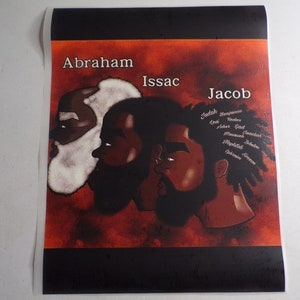 Puede incluir: Una ilustración digital de tres caras de hombres, Abraham, Isaac y Jacob, con un fondo rojo. Los hombres están representados en un estilo de dibujos animados con piel oscura y cabello negro. Los nombres de los hombres están escritos en texto blanco sobre sus cabezas. El fondo es un degradado de rojo y naranja.