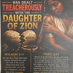 May include: A poster featuring the text Judah has dealt treacherously with the daughter of Zion, a cracked heart labeled covenant broken, and a woman wearing a headband. It includes scripture from Malachi 2:11 and Tobit 4:12 with religious text.