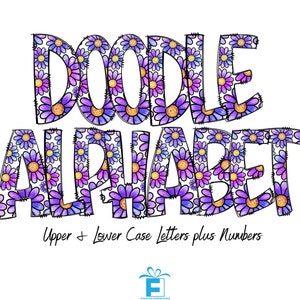 Purple Floral doodle letters, Alphabet Letters PNG Bundle, Floral Doodle, Sublimation Alpha Set Designs PNG - Funky Flowers doodle Alphabet