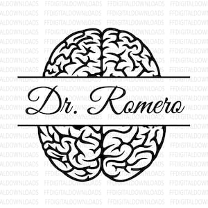 Peut inclure: Illustration en noir et blanc d'un cerveau avec le texte "Dr. Romero" en dessous. L'image est un téléchargement numérique et est disponible aux formats SVG, PNG, EPS et JPG.