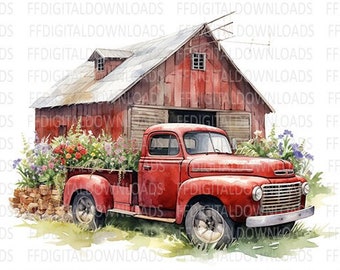 Red Vintage Pickup Truck PNG, Rustic Truck and Barn PNG, Watercolor Vintage Truck, Sublimation, Printable, Digital Download, #0184