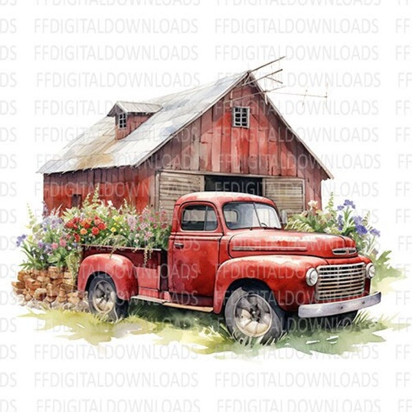 Red Vintage Pickup Truck PNG, Rustic Truck and Barn PNG, Watercolor Vintage Truck, Sublimation, Printable, Digital Download, #0184