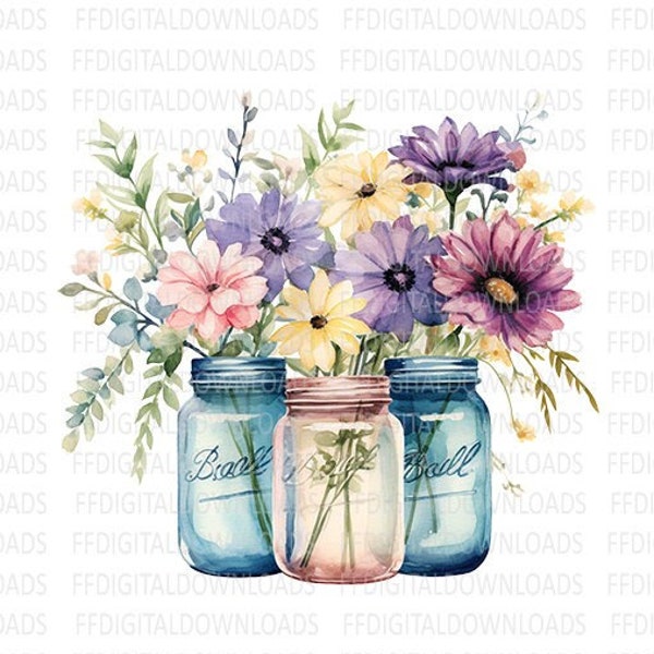 Mason Jars PNG, Mason jars with flowers, Watercolor Floral Clipart, Wildflowers mason jars, Sublimation, Printable, Digital Download, #0191