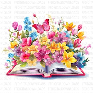 Open Book clipart, Open Book PNG, Book with Flowers and Butterfly, Watercolor Book PNG, Sublimation, Printable, Digital Download, #0224