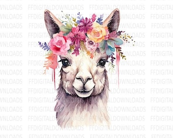 Llama PNG, Llama Clipart, Llama with flowers, Watercolor Llama with Flowers, Llama Sublimation, Printable Llama, Digital Download, #0219