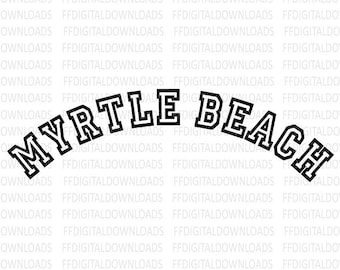 May include: Black and white graphic text that reads "Myrtle Beach" in a stylized font. The text is arched and has a white outline.