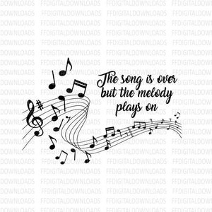 Op de afbeelding: Zwarte en witte muzieknoten in een vloeiend ontwerp met de tekst "The song is over but the melody plays on".