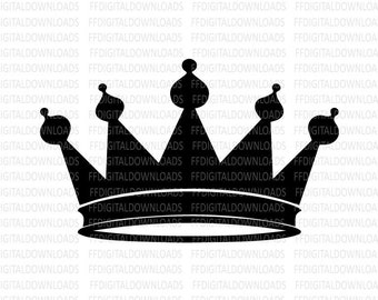 May include: Black silhouette of a crown with five points. The crown is a simple design with a rounded top and a wide base.