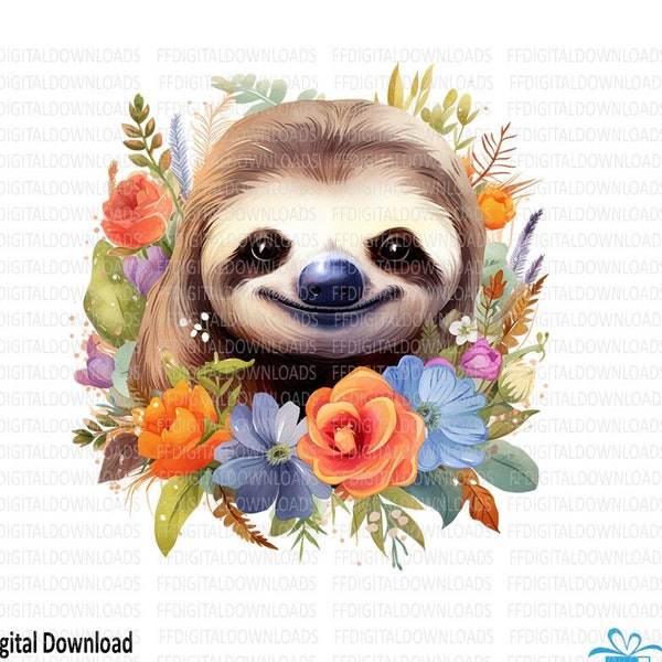 Sloth PNG, Sloth Clipart, Cute Sloth with flowers png, Sloth image, Watercolor Illustration, sublimation, printable, instant download, #0119