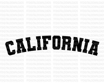 May include: Black and white graphic of the word "CALIFORNIA" in a bold, arched font.