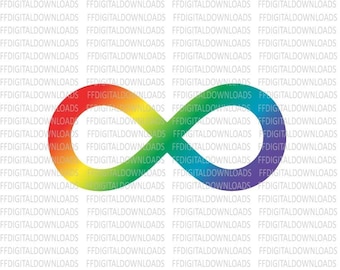 以下が含まれることがあります： 白い背景に虹色の無限大記号。記号は、虹色に塗られた連続線で構成されています。