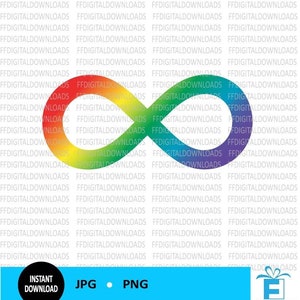 Peut inclure: Un symbole d'infini arc-en-ciel sur un fond blanc. Le symbole est formé d'une ligne continue colorée dans les couleurs de l'arc-en-ciel.