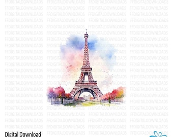 May include: A watercolor painting of the Eiffel Tower in Paris, France. The tower is pink and gray with a blue sky and pink and green trees in the foreground.