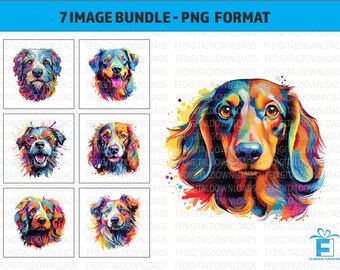 Colorful Dog Clipart, 7 High-Quality PNGs, Dog Png, Psychedelic Dog Image, Commercial Use, Sublimation, Printable, Digital Downloads
