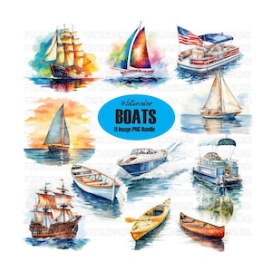 May include: A set of 11 watercolor illustrations of different types of boats. The boats are painted in various colors, including blue, red, green, yellow, and brown. The illustrations are perfect for use in scrapbooking, card making, and other craft projects.