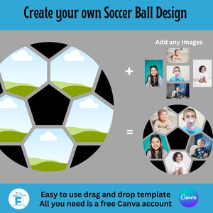 Imágenes prediseñadas de balón de fútbol, marco de Canva de balón de fútbol, plantilla de Canva editable de arrastrar y soltar, PNG de sublimación, agregue 5 imágenes o diseños