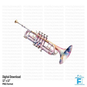 Watercolor Trumpet Clipart, Trumpet Png, Watercolor Trumpet Digital Clipart, Trumpet Image, Sublimation, Printable, Digital Download, #5324