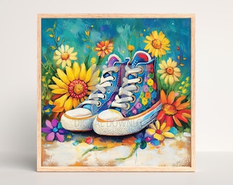Sneakers PNG, Digital Artwork of Painted Sneakers with flowers, Printable Digital Download, instant download, kicks, shoes, painting print