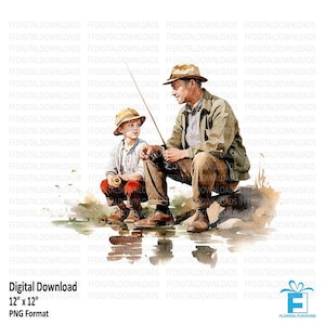 Father and Son Fishing Clipart, Father and Son Fishing PNG, Boy and Father fishing, Sublimation, Printable, Digital Download, #5499