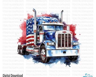 Semi Truck Clipart, Semi Truck Png, Watercolor Semi Truck, Patriotic Semi Truck Clipart,  Sublimation, Printable, Digital Download. #4304