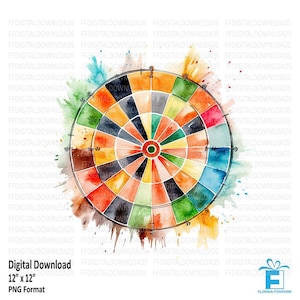 Puede incluir: Una pintura de acuarela de un tablero de dardos colorido sobre un fondo blanco. El tablero de dardos mide 30,5 cm por 30,5 cm.