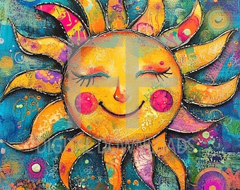 May include: A colorful, abstract painting of a smiling sun with closed eyes. The sun is surrounded by a blue, green, and purple background with small circles and dots.