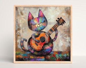 Cat Art PNG, Colorful Artwork of napping cat playing guitar, Digital Artwork, Printable Digital Download, Cat Lover art instant download