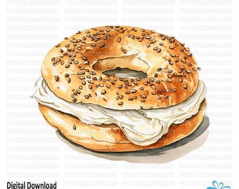 Bagel Clipart, Bagel PNG, Bagel with Cream Cheese clipart, Sesame Bagel, Digital Clipart, Sublimation, Printable, Digital Download, #5037