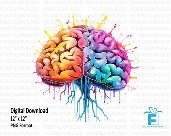 Colorful Brain Clipart, Brain PNG, Watercolor Brain, Brain Digital Design, Brain Sublimation, Printable, Digital Download, #4176