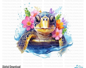 Cute Sea Turtle clipart, Sea Turtle PNG, Sea Turtle with Flowers, Watercolor Sea turtle, Sublimation Turtle, Printable Sea Turtle, #0123