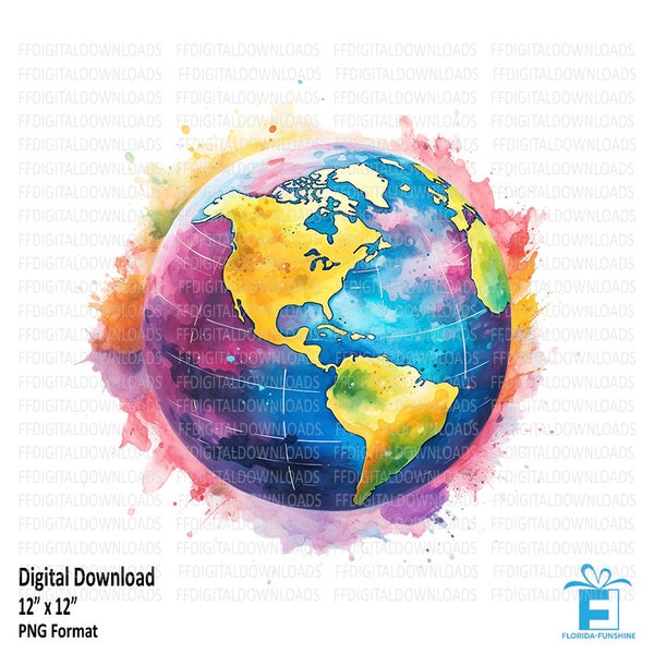 Earth Clipart, Earth Png, Watercolor Earth Png, Globe Png, Colorful globe Clipart, Sublimation, Printable, Digital Download, #4156