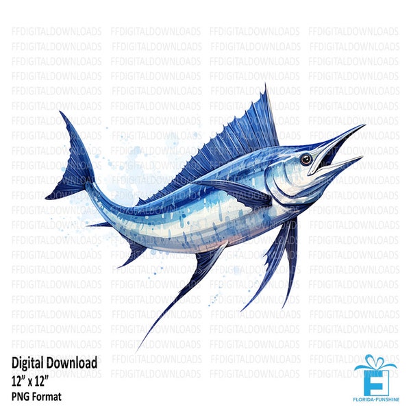 Blue Marlin Clipart, Blue Marlin Png, Watercolor Blue Marlin, Digital Clipart, Sublimation, Printable Marlin, Digital Download. #5042