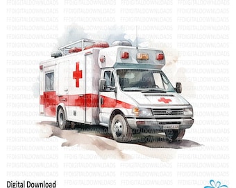 Watercolor Ambulance Clipart, First Aid PNG (Digital Download)