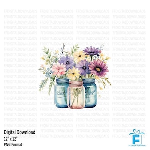 Mason Jars PNG, Mason jars with flowers, Watercolor Floral Clipart, Wildflowers mason jars, Sublimation, Printable, Digital Download, #0191