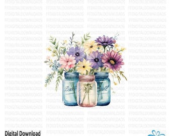 Mason Jars PNG, Mason jars with flowers, Watercolor Floral Clipart, Wildflowers mason jars, Sublimation, Printable, Digital Download, #0191