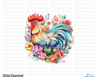 Chicken PNG, Chicken Clipart, Rooster PNG, Chicken Design, Chicken with flowers, Chicken Sublimation, Printable, Digital Download, #0201