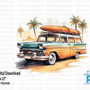 Vintage Kombi mit Surfbrett Clipart, Vintage Kombi PNG, digitale Clipart, Sublimation, bedruckbar, digitaler Download, #4082