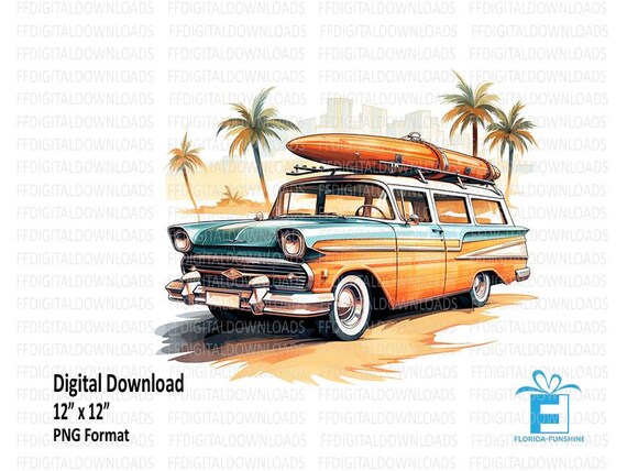 Vintage Station Wagon With Surf Board Clipart, Vintage Station
