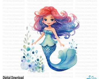 Puede incluir: Una descarga digital de una ilustración de acuarela de una sirena con cabello largo y fluido en tonos de rosa, morado y azul. Lleva un sujetador de concha verde y una cola azul con efecto acuarela. La sirena está rodeada de flores de acuarela azules y verdes.