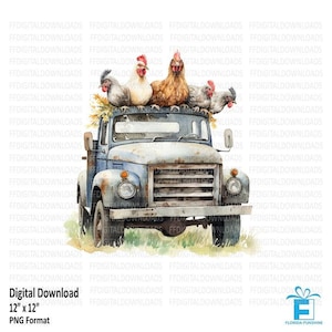 Vintage Bauernhof LKW PNG, Rustikaler Abholer, Farm Truck PNG, Aquarell Bauernhaus Lieferwagen, Sublimation, Lieferwagen mit Hühner, #0160