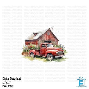 Red Vintage Pickup Truck PNG, Rustic Truck and Barn PNG, Watercolor Vintage Truck, Sublimation, Printable, Digital Download, #0184